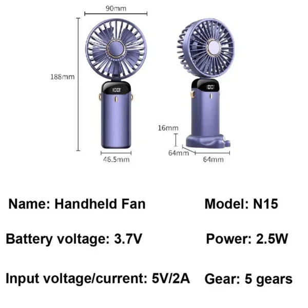 Handheld Mini Fan 3000mAh Foldable Portable Desk Outdoor Neck Hanging 5 Speed USB Rechargeable Fan Phone Stand Display Screen - Image 4
