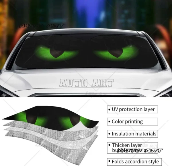 Green Evil Eyes Windshield Sunshade for Car SUV Truck Foldable Uv Ray Reflector Front Window Sun Shade Visor Shield Cover - Image 5