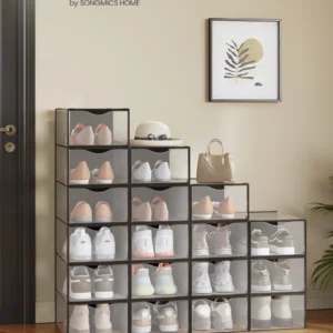SONGMICS Cajas para Zapatos, Organizador de Zapatos de Plástico, con Puerta, Transparente, Juego de 18, Apilable, 33,2 x 23 x 14,5 cm, para Zapatos hasta 43, Transparente y Negro Tinta/Transparente y Blanco Nube