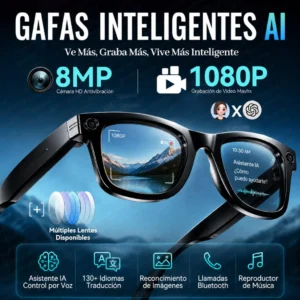 Nuevas Gafas Inteligentes con IA, Cámara de Grabación de Video 4K de 8MP, Foto y Video Manos Libres, Traducción por IA con ChatGPT, Gafas con IA para Vlog, para Hombres y Mujeres