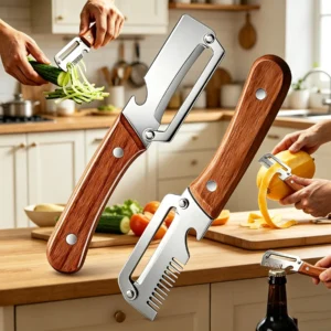 Pelador de Verduras Multifuncional de Acero Inoxidable con Mango de Madera, Cortador de Frutas y Patatas, Abridor de Botellas, Herramientas de Cocina para Pelar
